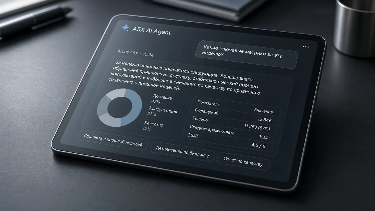 Чат с A5X AI Agent: ответ со сводкой, круговой диаграммой и метриками