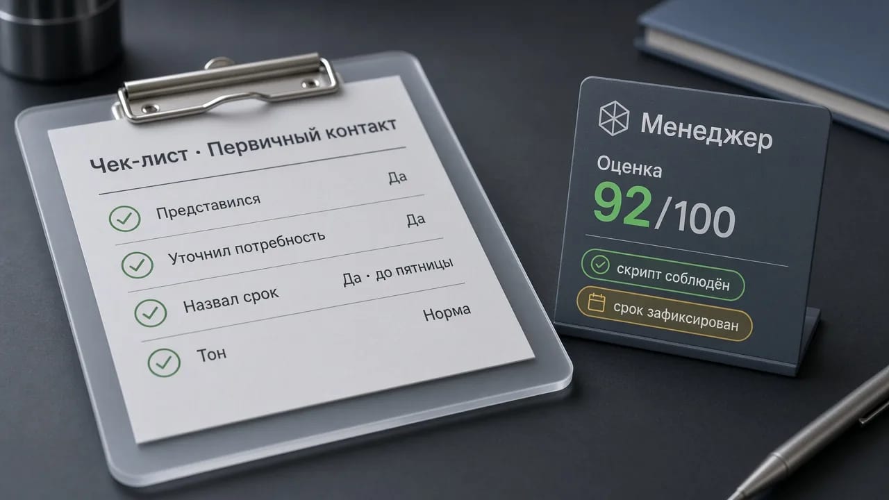 Чек-лист и оценка менеджера по тому же звонку: скрипт, потребность, срок